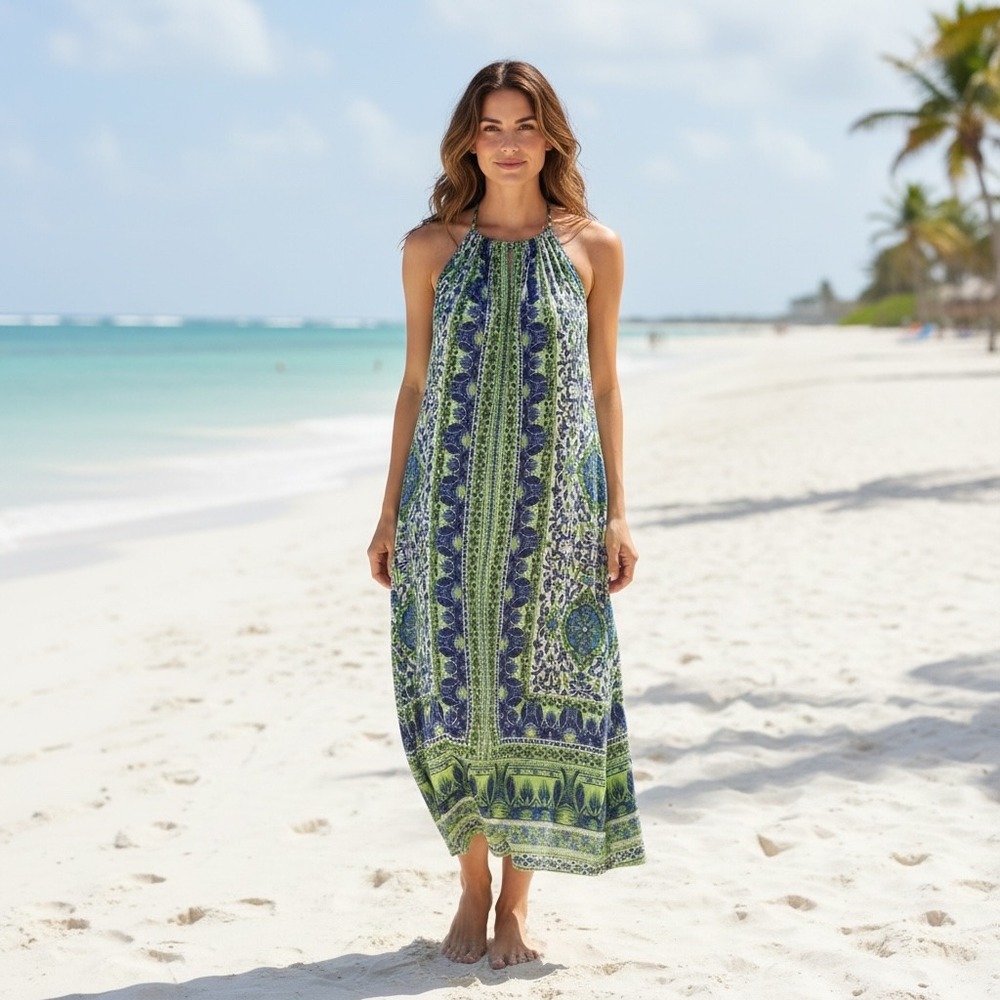 London Times‎ Floral Geometric Halter Maxi Dress Mediterranean Resort Cruise 14W
